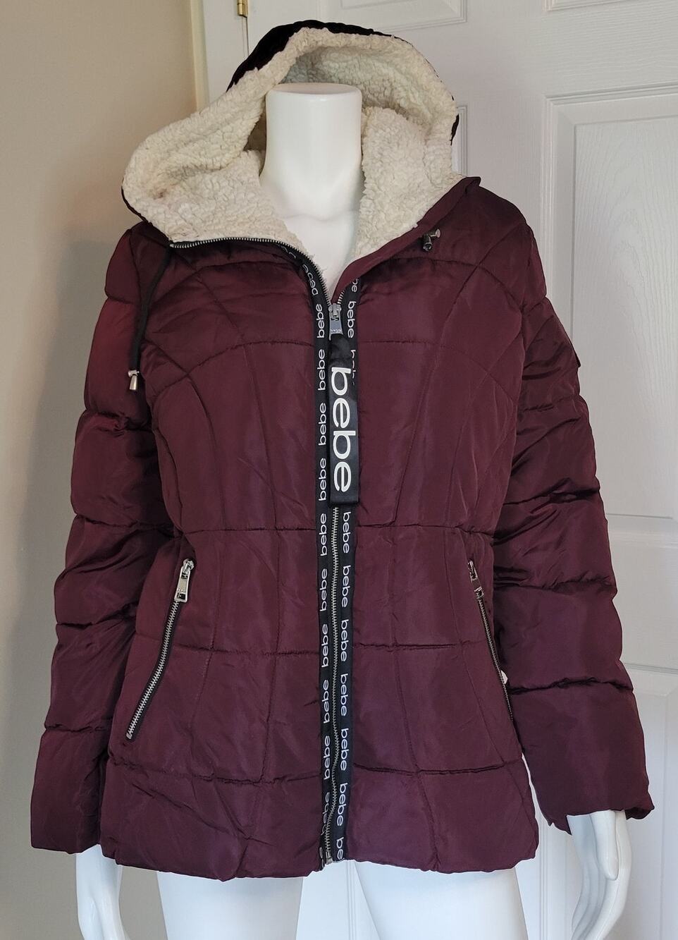 Bebe Sport Eggplant Purple Hooded Puffer Jacket Faux Shearling Lining Size L